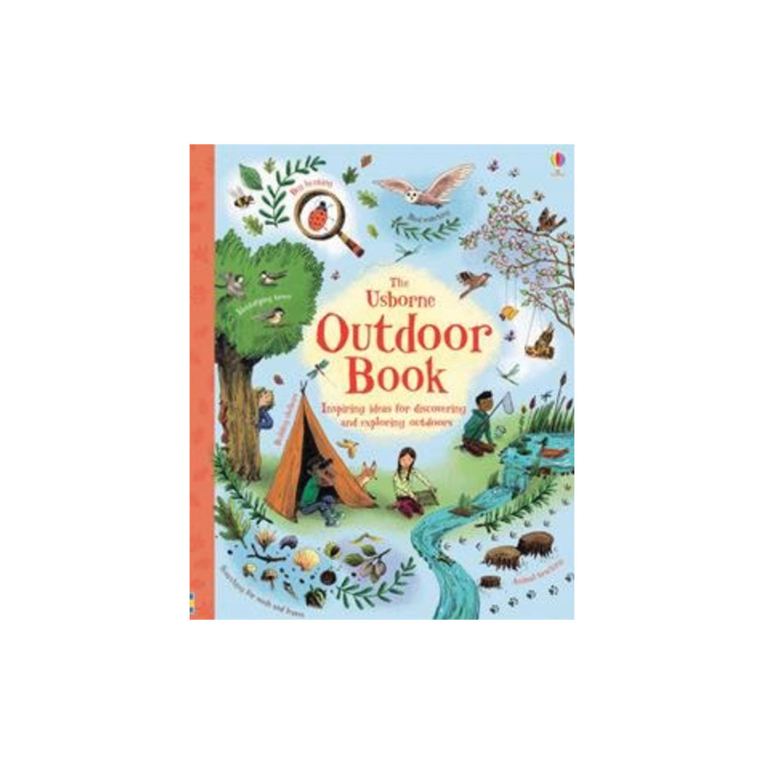 The Usborne Outdoor Book children's activity book with a colorful illustrated cover showing camping, nature, and outdoor scenes on a light blue background.