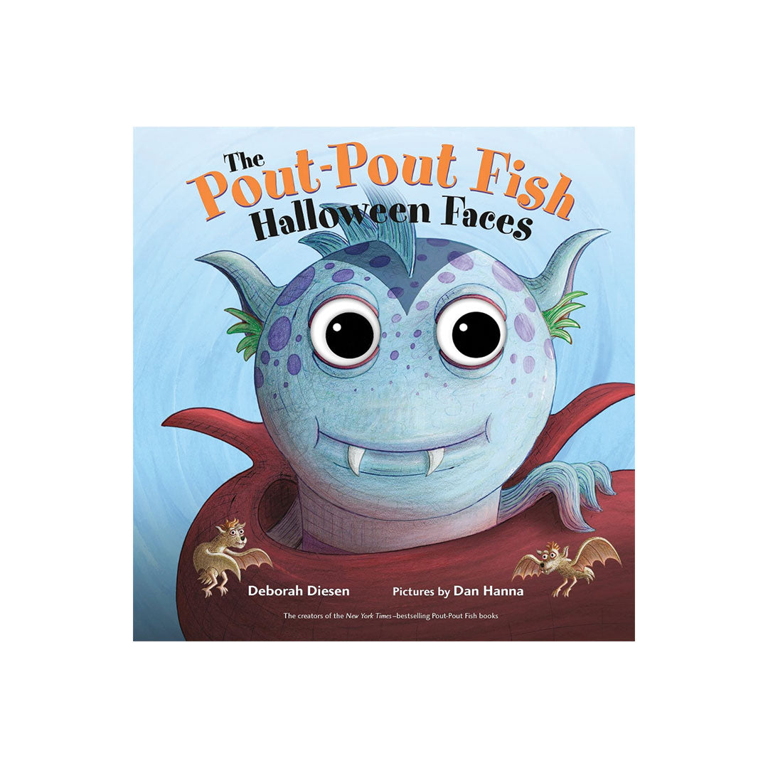 Children's book cover for 'The Pout-Pout Fish Halloween Faces' showing a blue cartoon fish character with large eyes, red fins, and bat motifs on a white background.