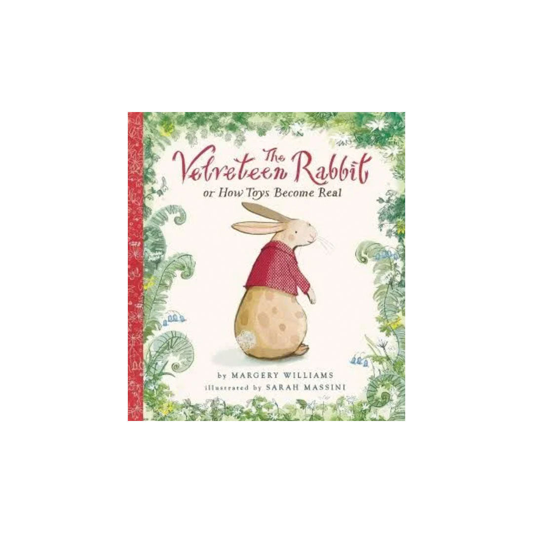 The Velveteen Rabbit children's book by Margery Williams, illustrated by Sarah Mansini. The cover features a cute beige rabbit wearing a red sweater, framed by green foliage, with a red spine on a white background.