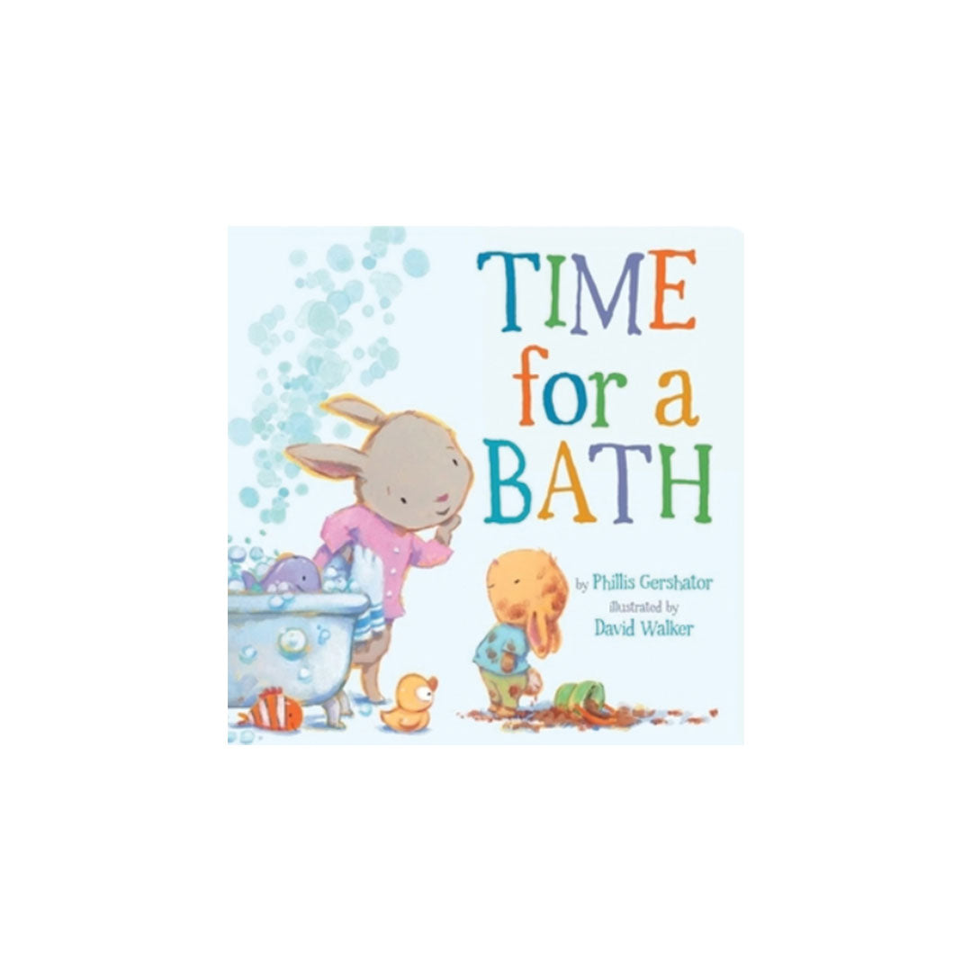 Children's book cover titled "TIME for a BATH" with a pastel illustration of a bunny in a bathtub, a duck, and colorful lettering on a white background.