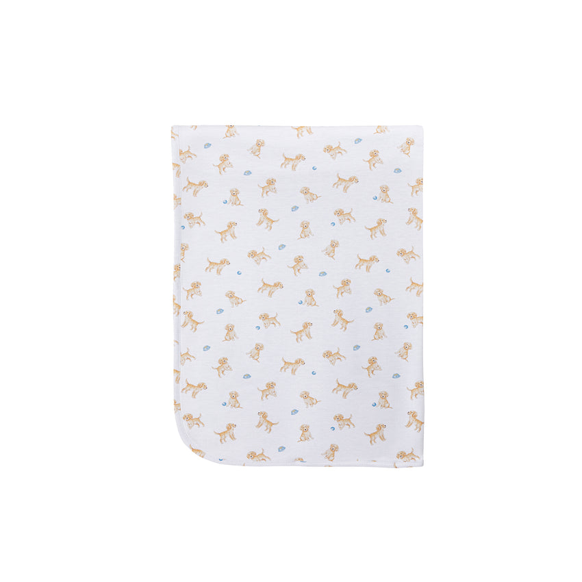 White receiving blanket with an all-over puppy dog print 