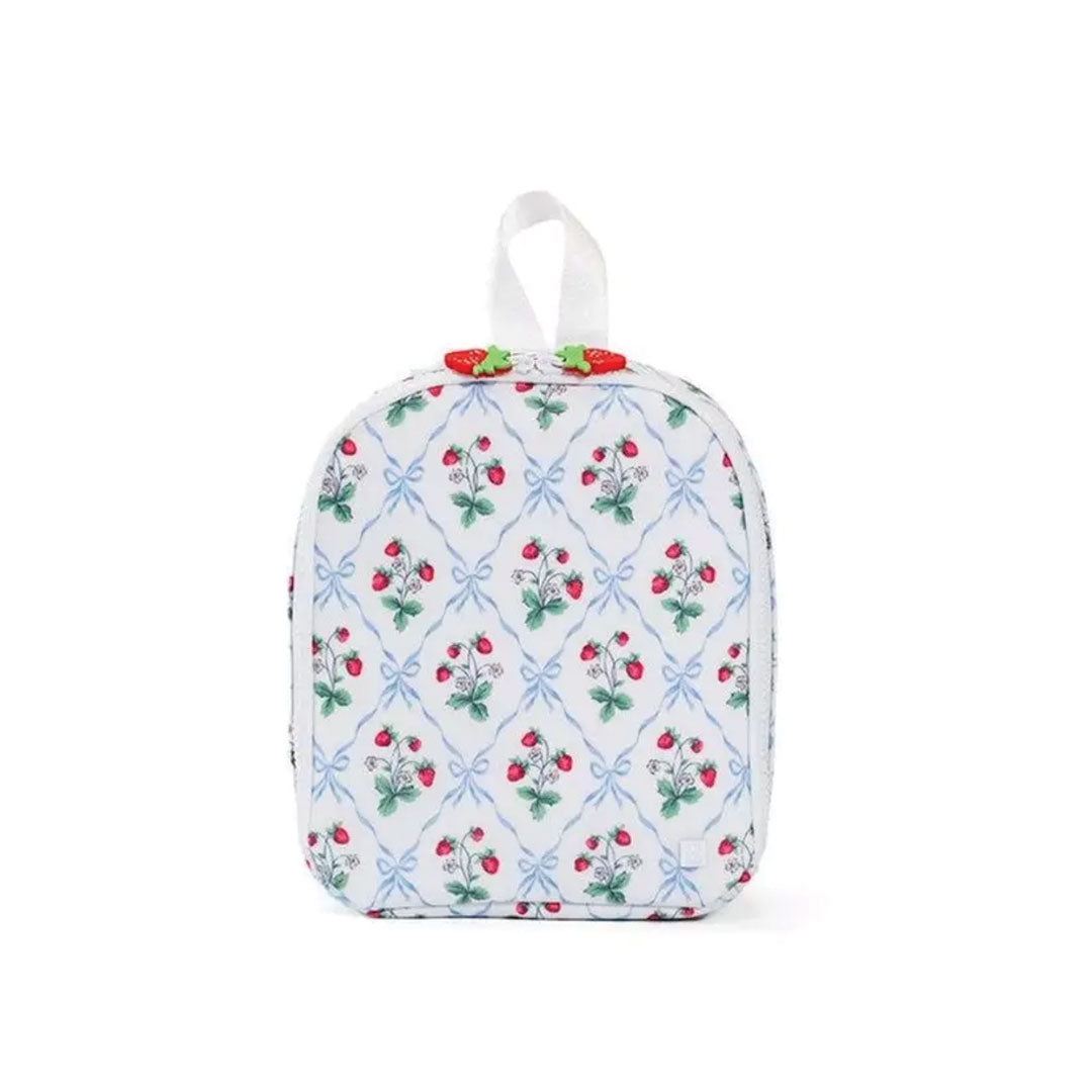 Lunchbox with strawberry pattern on a white background.