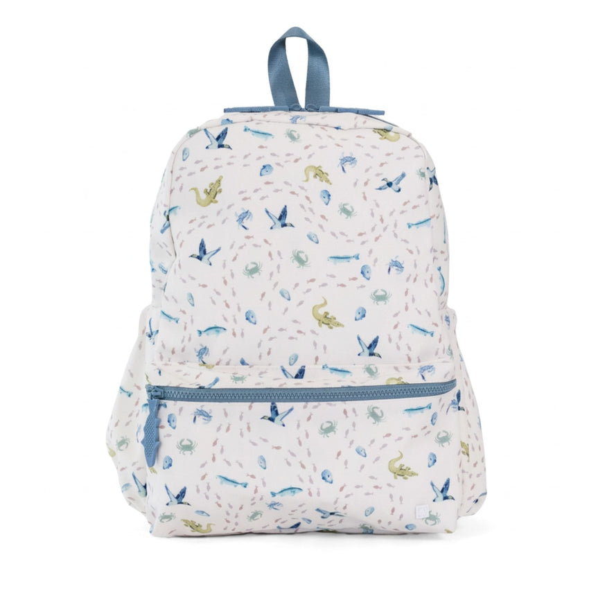 Backpack with sea animal pattern on a white background.