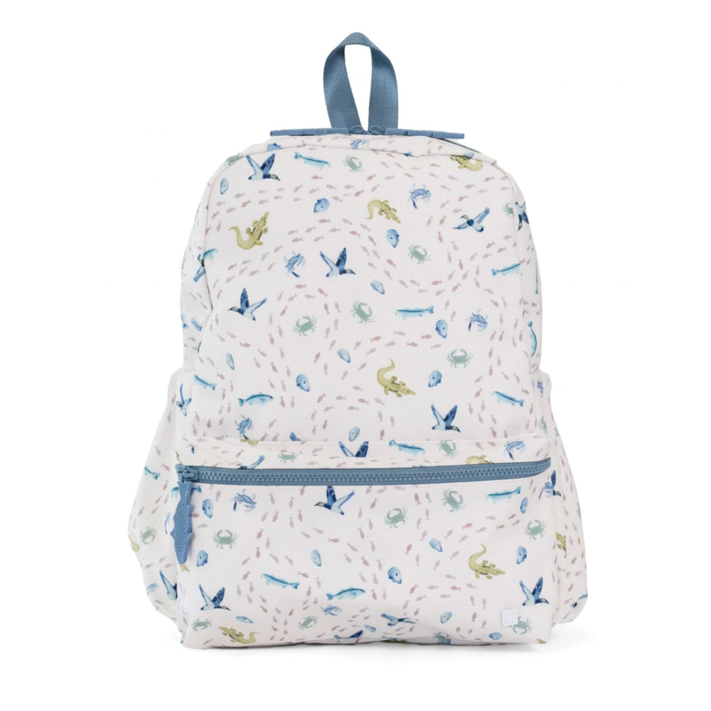 Backpack with sea animal pattern on a white background.