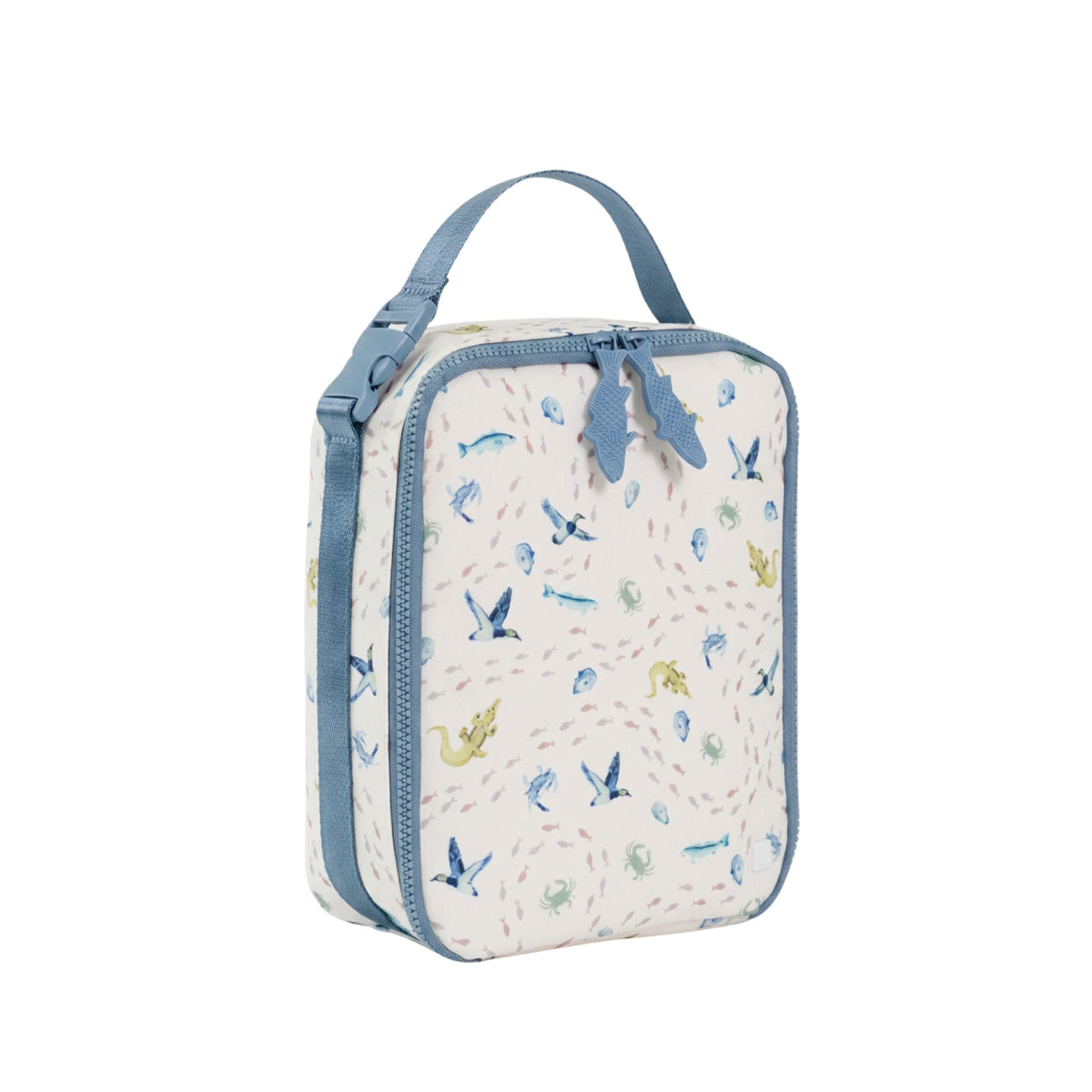 Lunchbox with blue zipper and sea animal pattern on a white background.