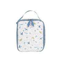 Lunchbox with blue zipper and sea animal pattern on a white background.