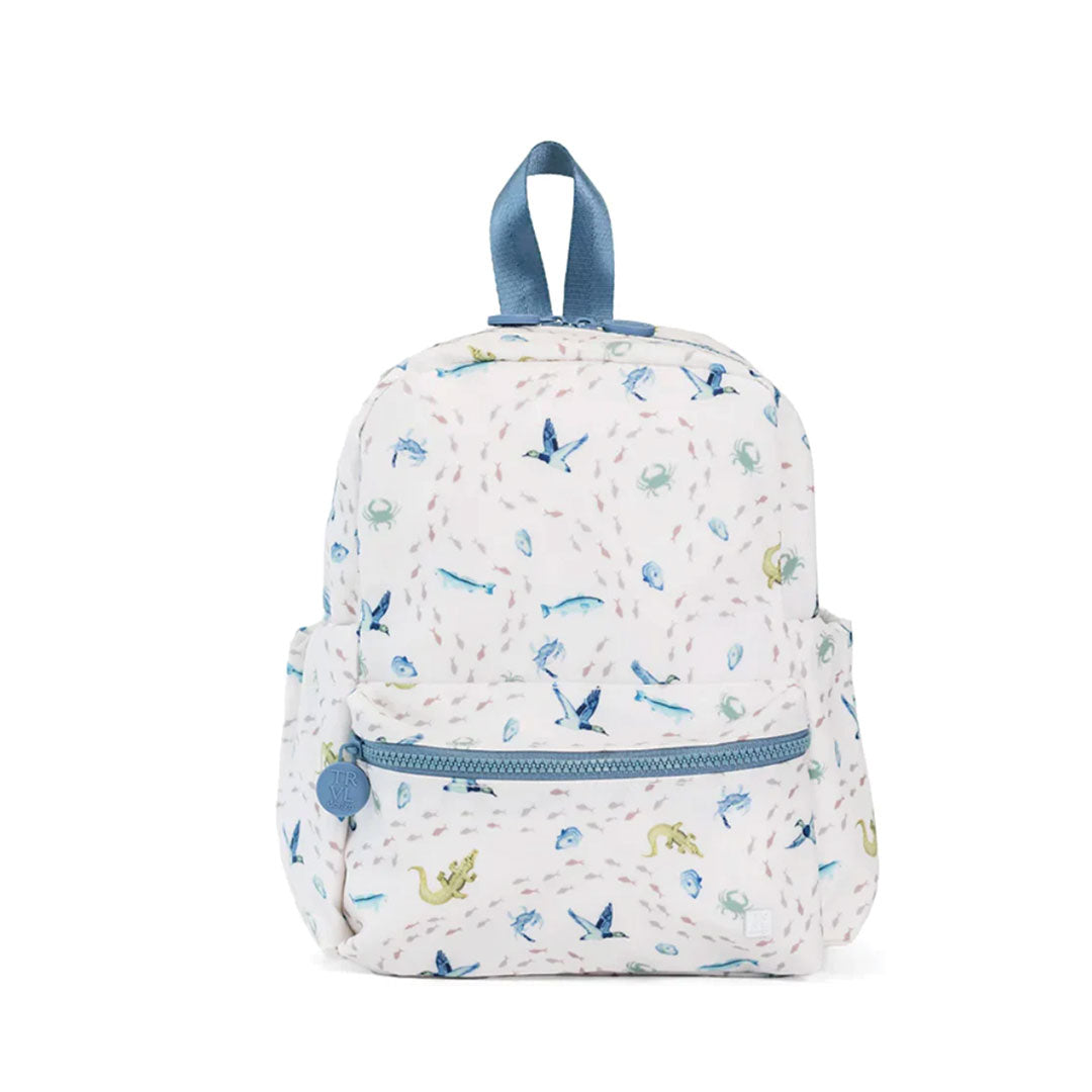 Children's backpack with sea animal pattern on a white background.