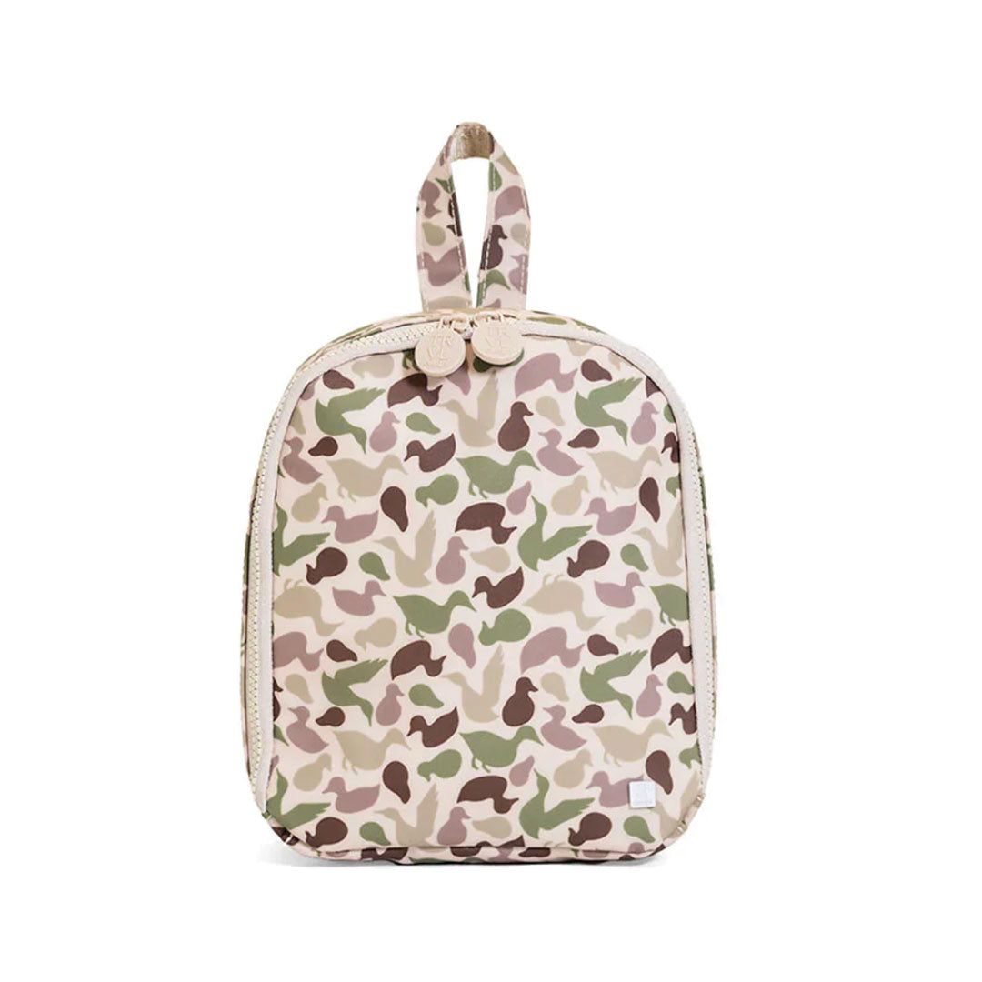 Camouflage-patterned lunchbox on a white background.