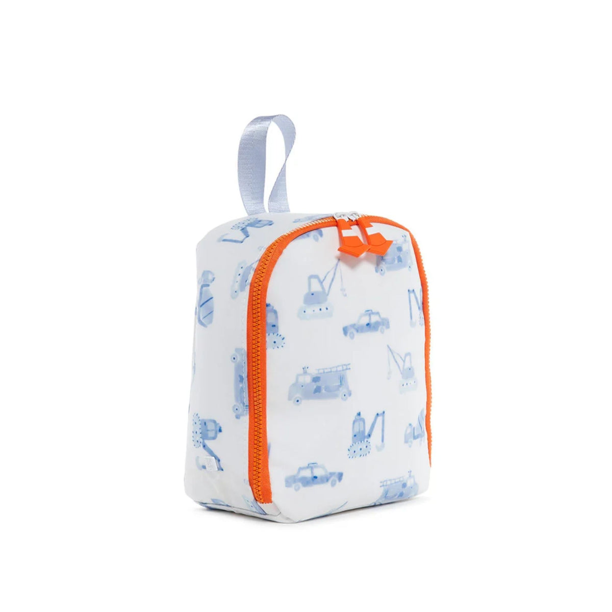 A white zippered lunch bag with a blue construction vehicle pattern and bright orange zippers, shown on a clean white background.
