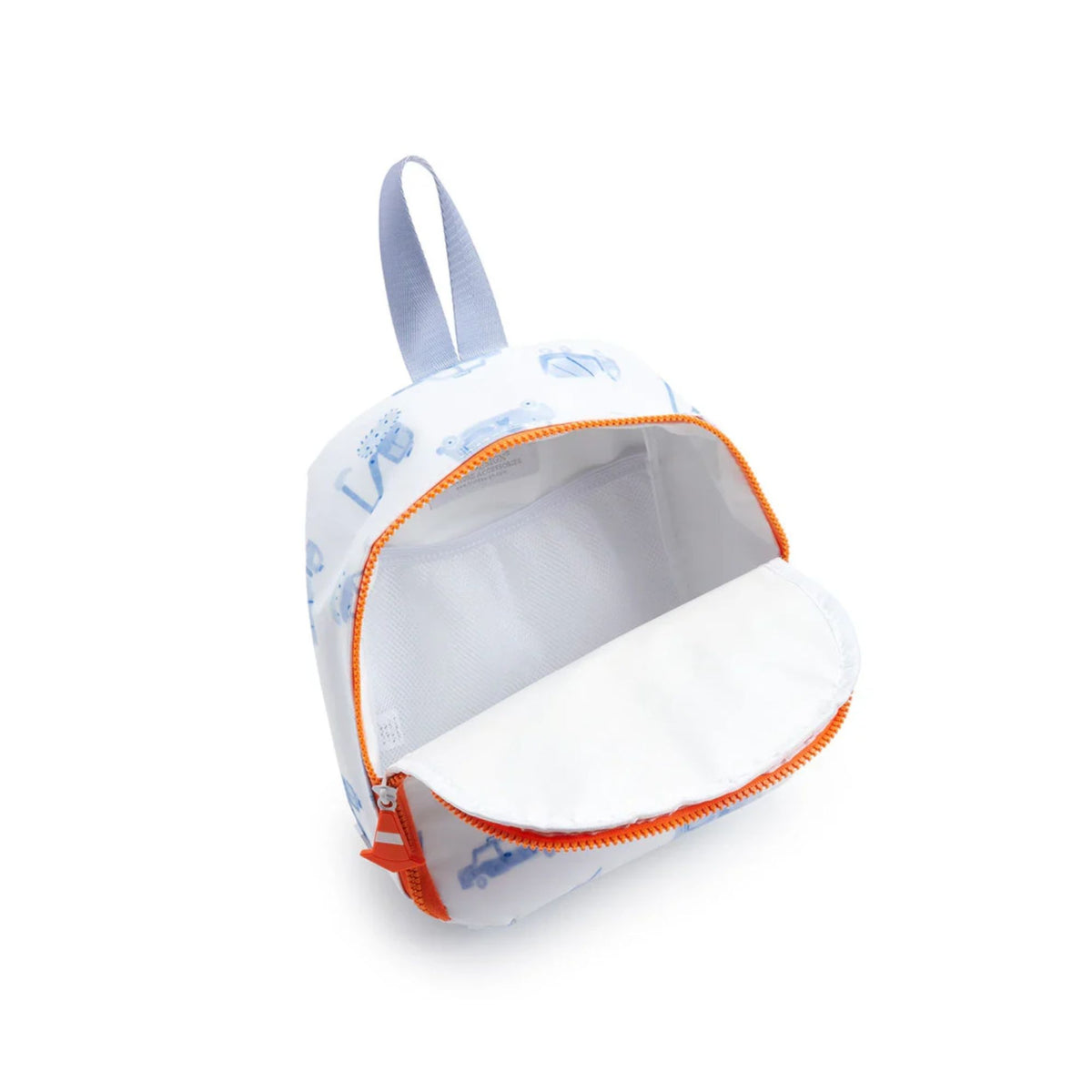 An open view of a white zippered lunch bag with a blue construction vehicle pattern and bright orange zippers, shown on a clean white background.