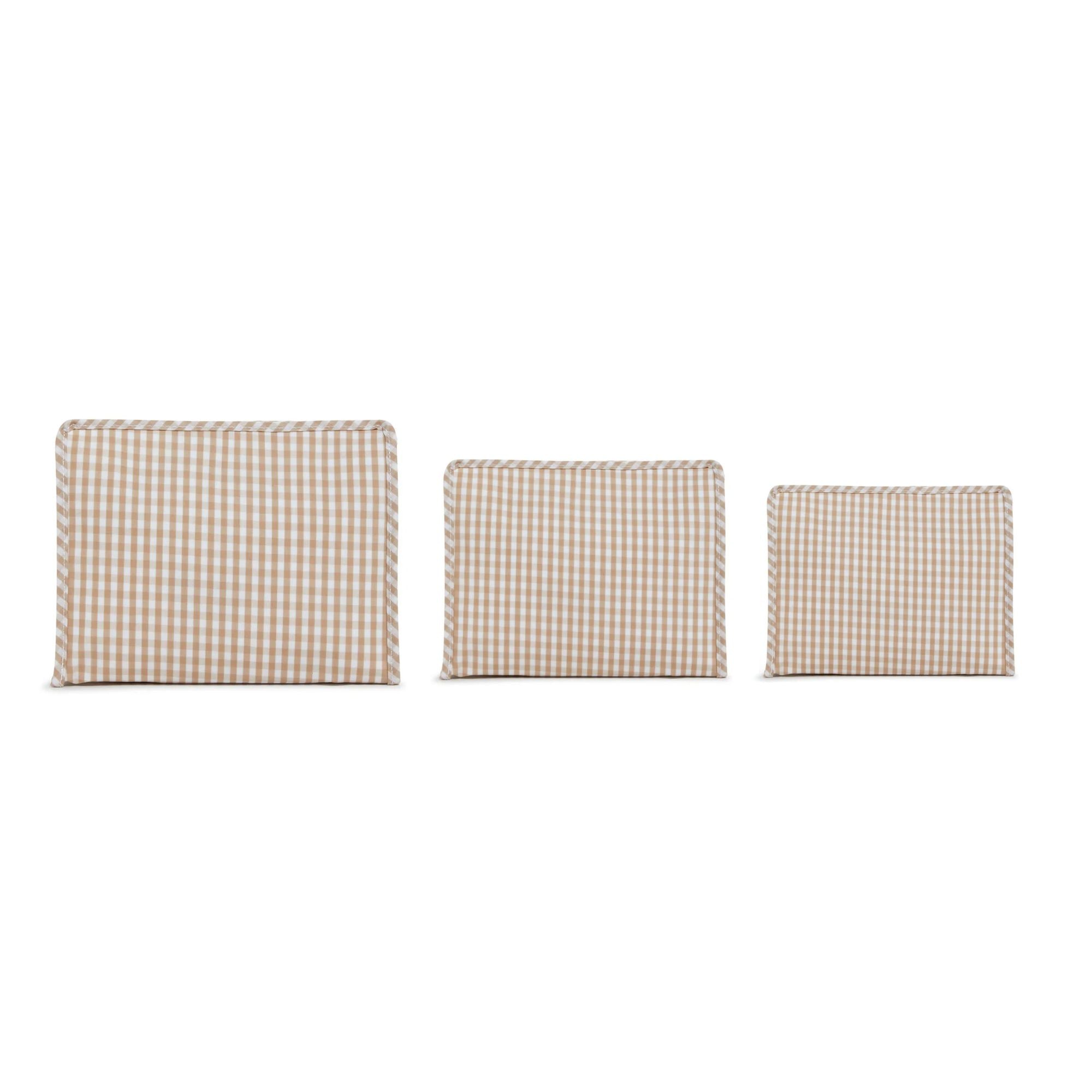 Three gingham khaki zip pouches in small, medium and large on a white background