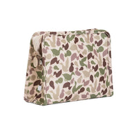 Camouflage-patterned zippered pouch on a white background.