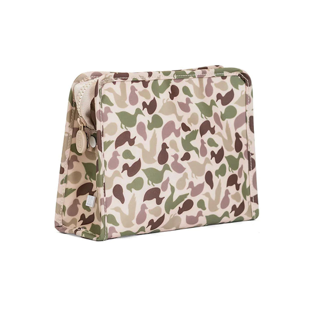 Camouflage-patterned zippered pouch on a white background.