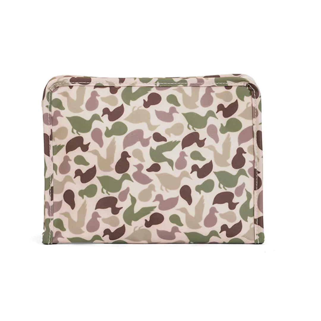 Camouflage-patterned pouch with duck design on a white background.