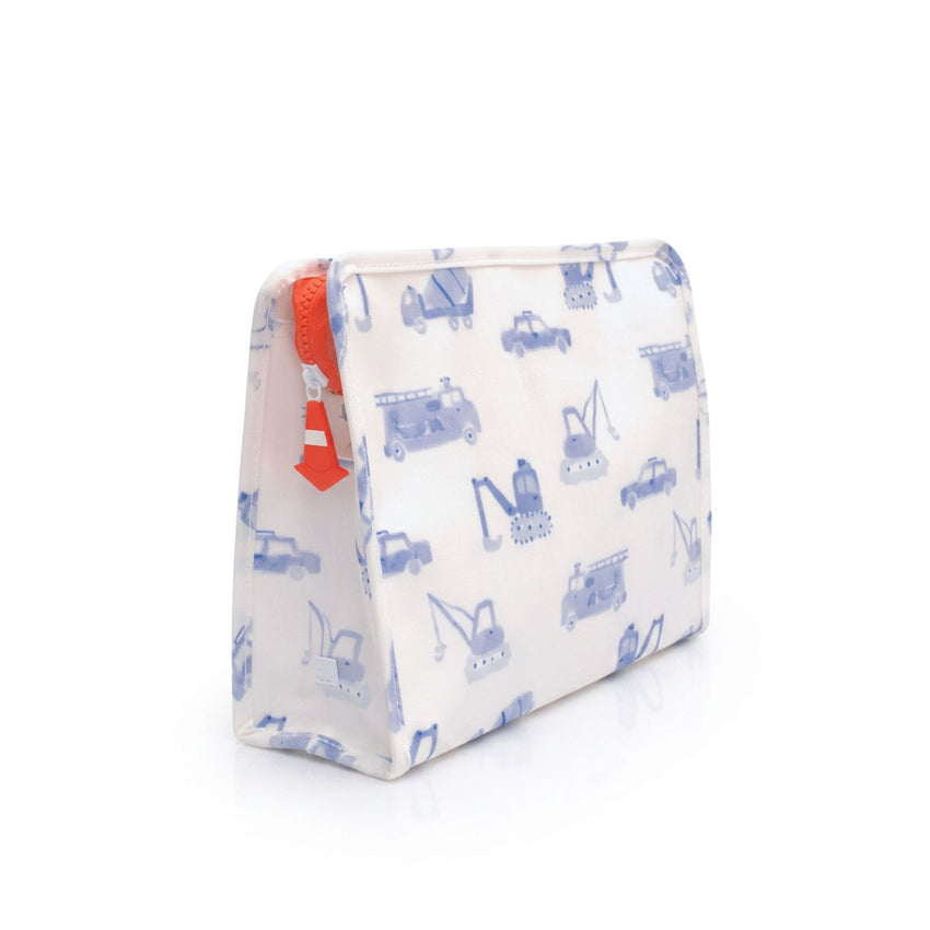 Pouch with blue construction vehicle pattern on a white background.