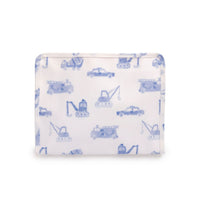Pouch with blue construction vehicle pattern on a white background.