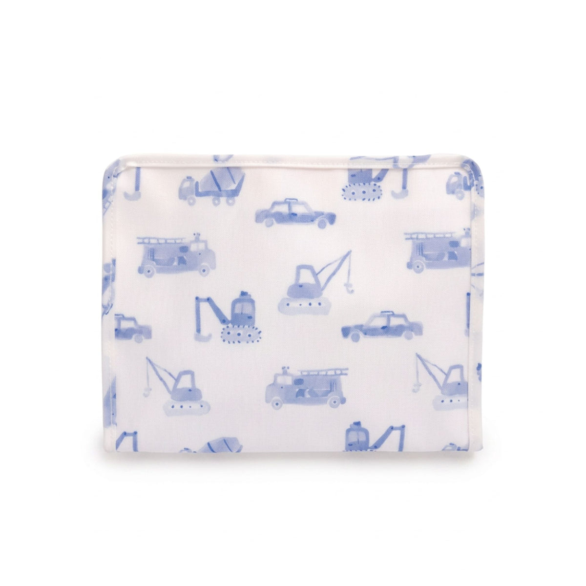 Pouch with blue construction vehicle pattern on a white background.