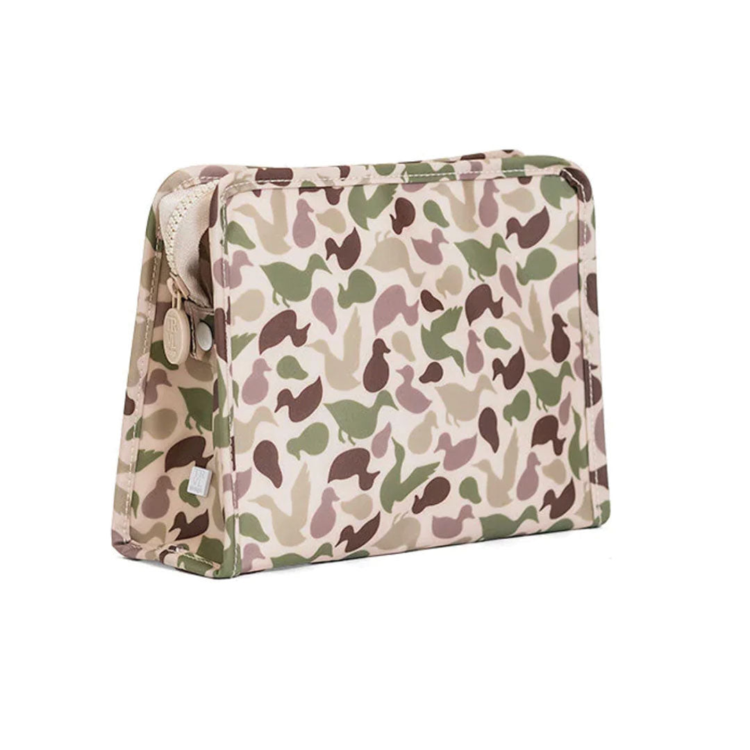 Camouflage-patterned zippered pouch on a white background.