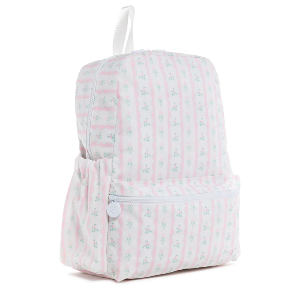 Backpack with pink and white striped pattern 