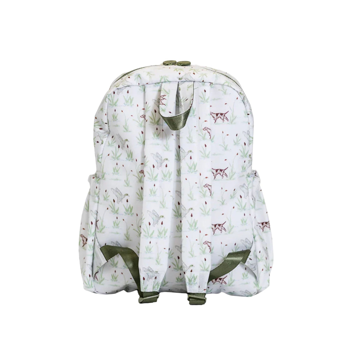 A white backpack featuring an all-over print of small brown dogs and green reeds, with olive green straps and trim, shown against a plain white background.