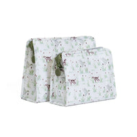 Two rectangular zipper pouches or small bags with a white background and a light green and brown animal-and-floral print, shown on a plain white studio background.