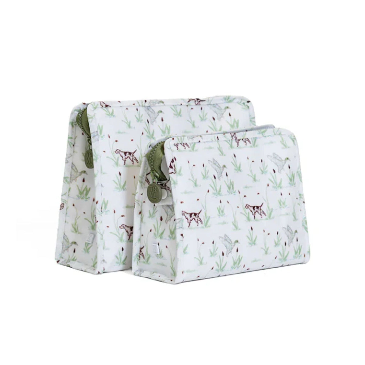 Two rectangular zipper pouches or small bags with a white background and a light green and brown animal-and-floral print, shown on a plain white studio background.