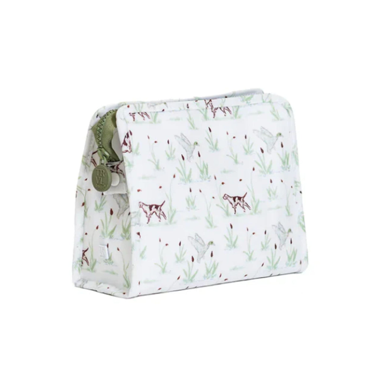 Hunt themed zippered pouch with green reeds, brown dogs, featuring a light green zipper and a round green metal brand tag on the side.