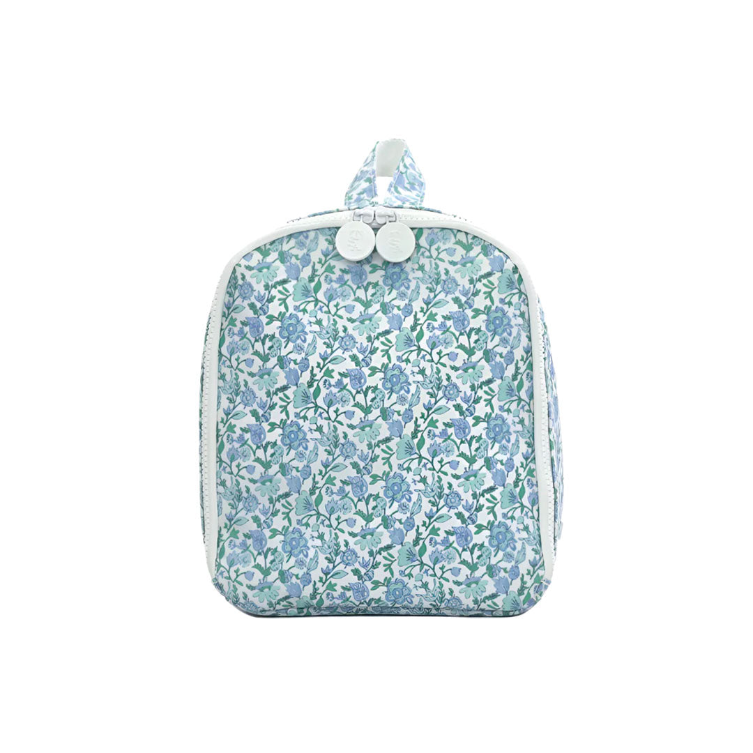Blue and green floral-patterned lunchbox on a white background.