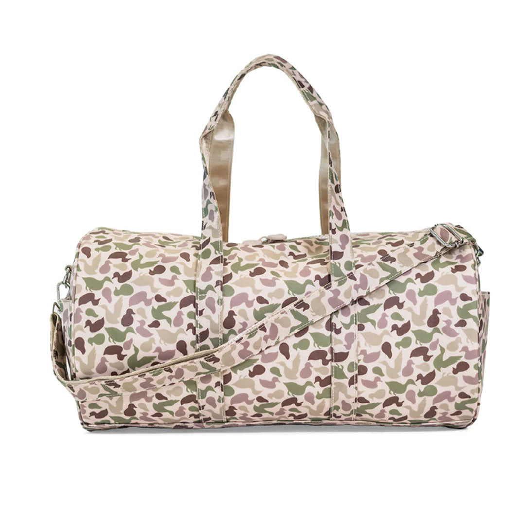 Decoy camo themed roll duffel bag on a white background.
