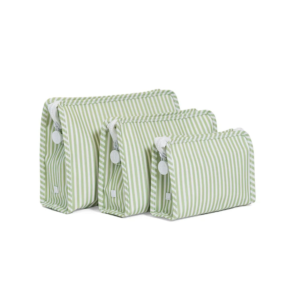 Set of three sage and white striped zip pouches on a white background