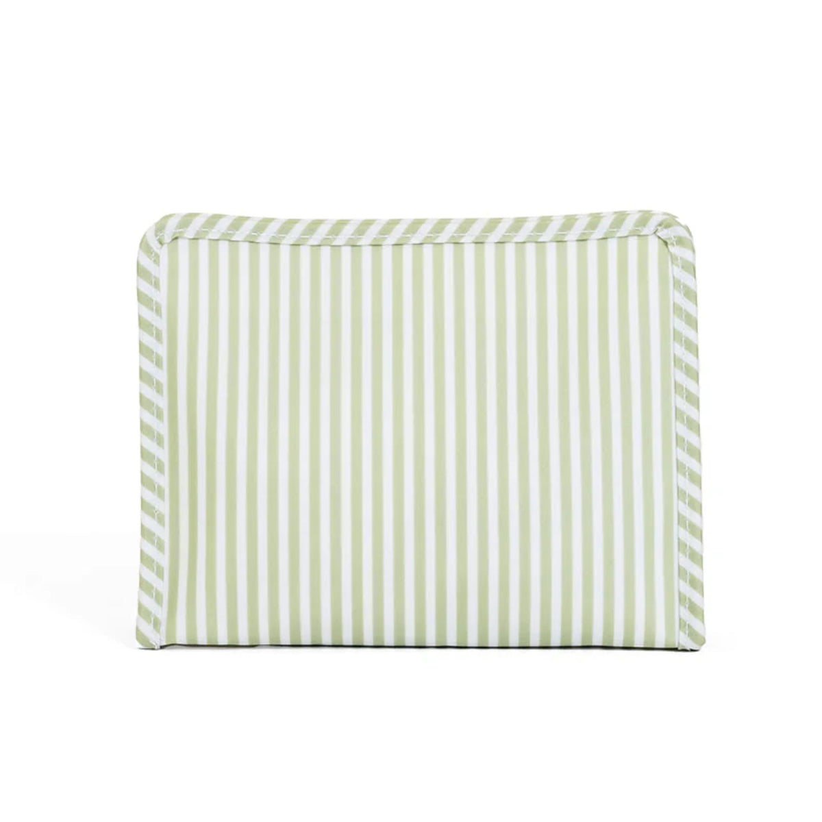 Large sage and white striped zip pouch on a white background