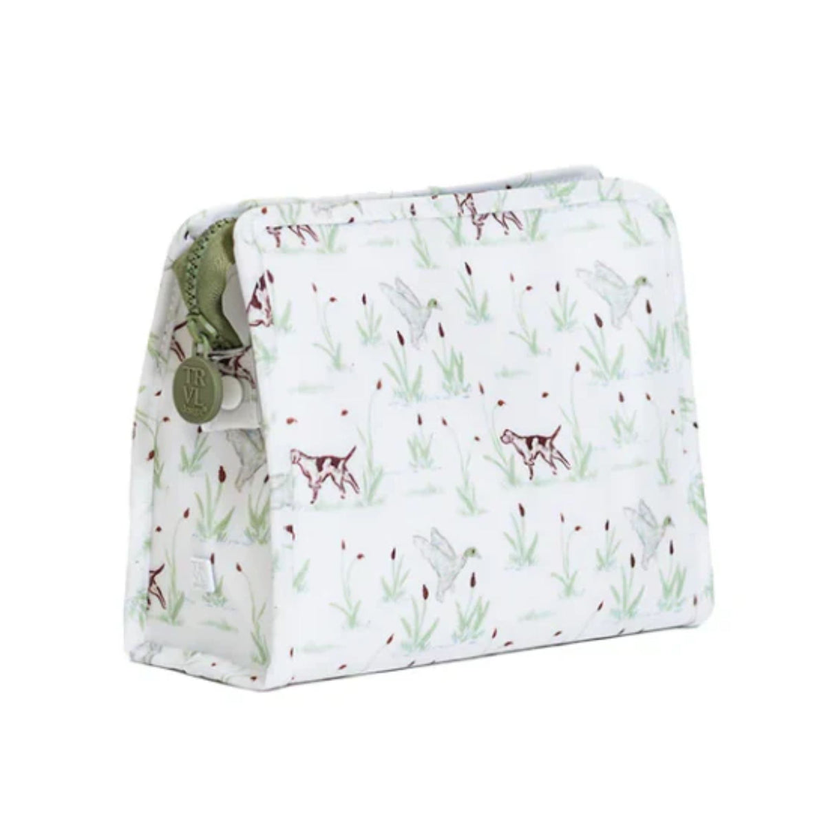 A zipper pouch decorated with hunting dogs and greenery on a white background.