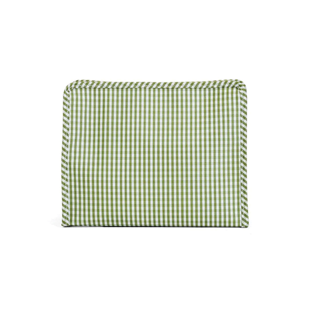 Moss green gingham zippered pouch on a white background.