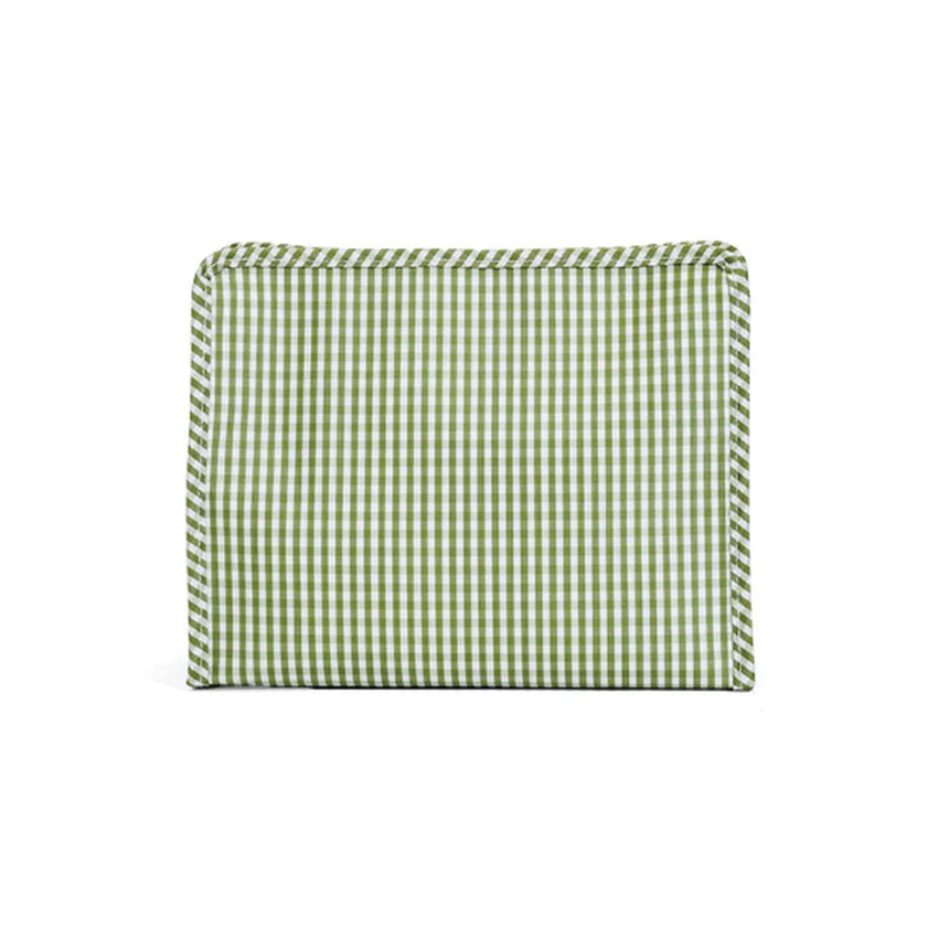 Moss green gingham zippered pouch on a white background.