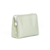 Sage and white striped medium zip pouch on a white background