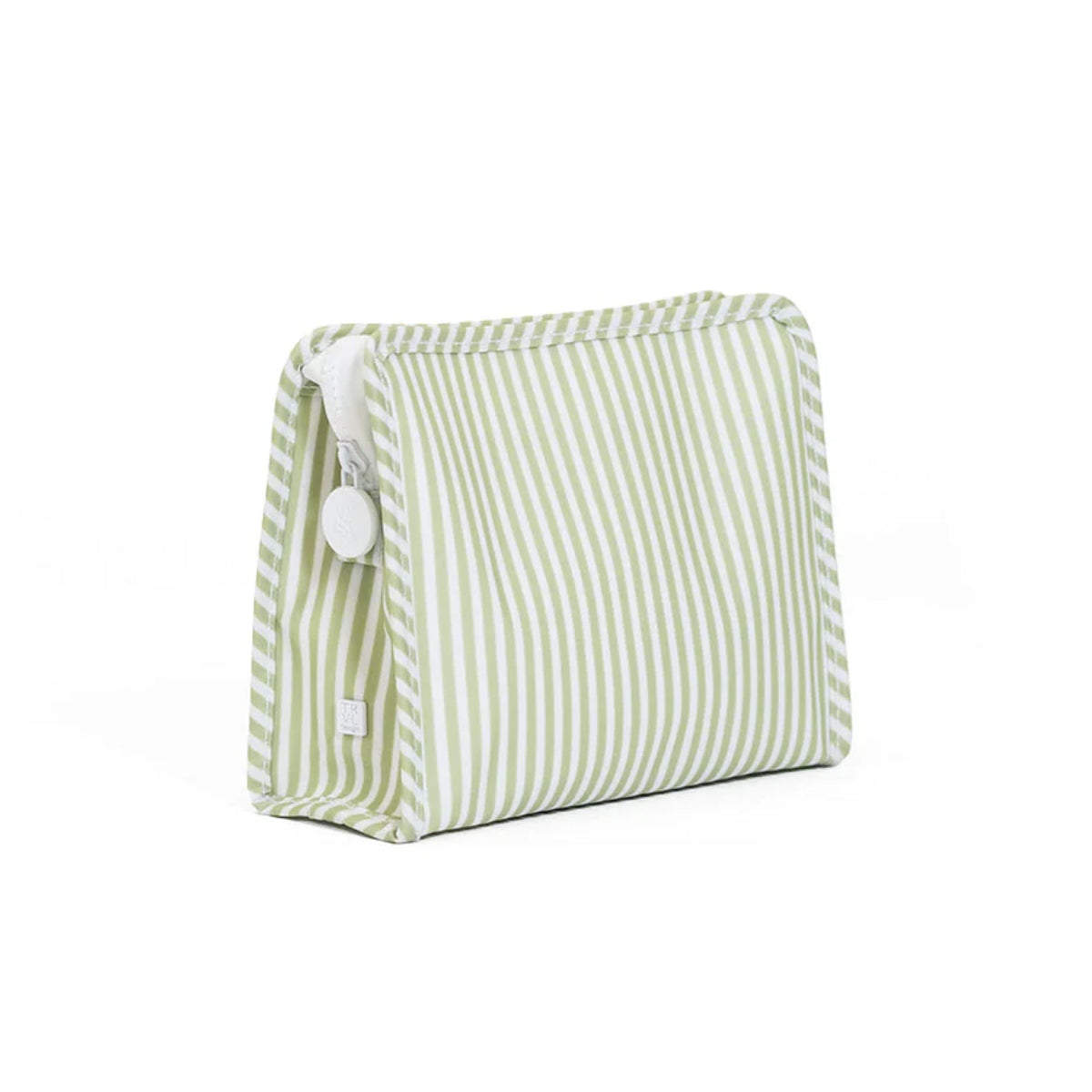 Sage and white striped medium zip pouch on a white background