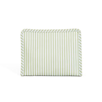 Sage and white striped medium zip pouch on a white background
