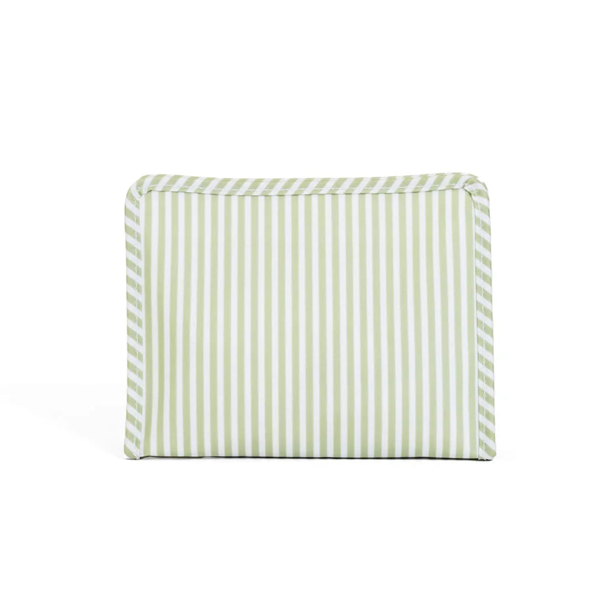 Sage and white striped medium zip pouch on a white background
