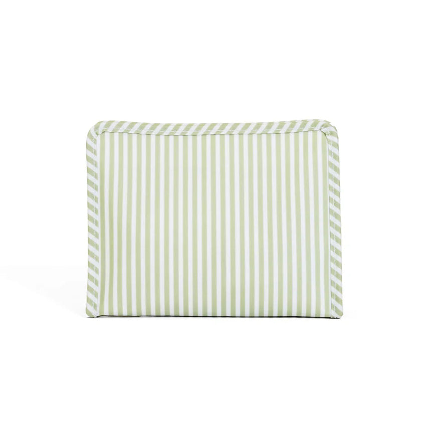 Sage and white striped medium zip pouch on a white background