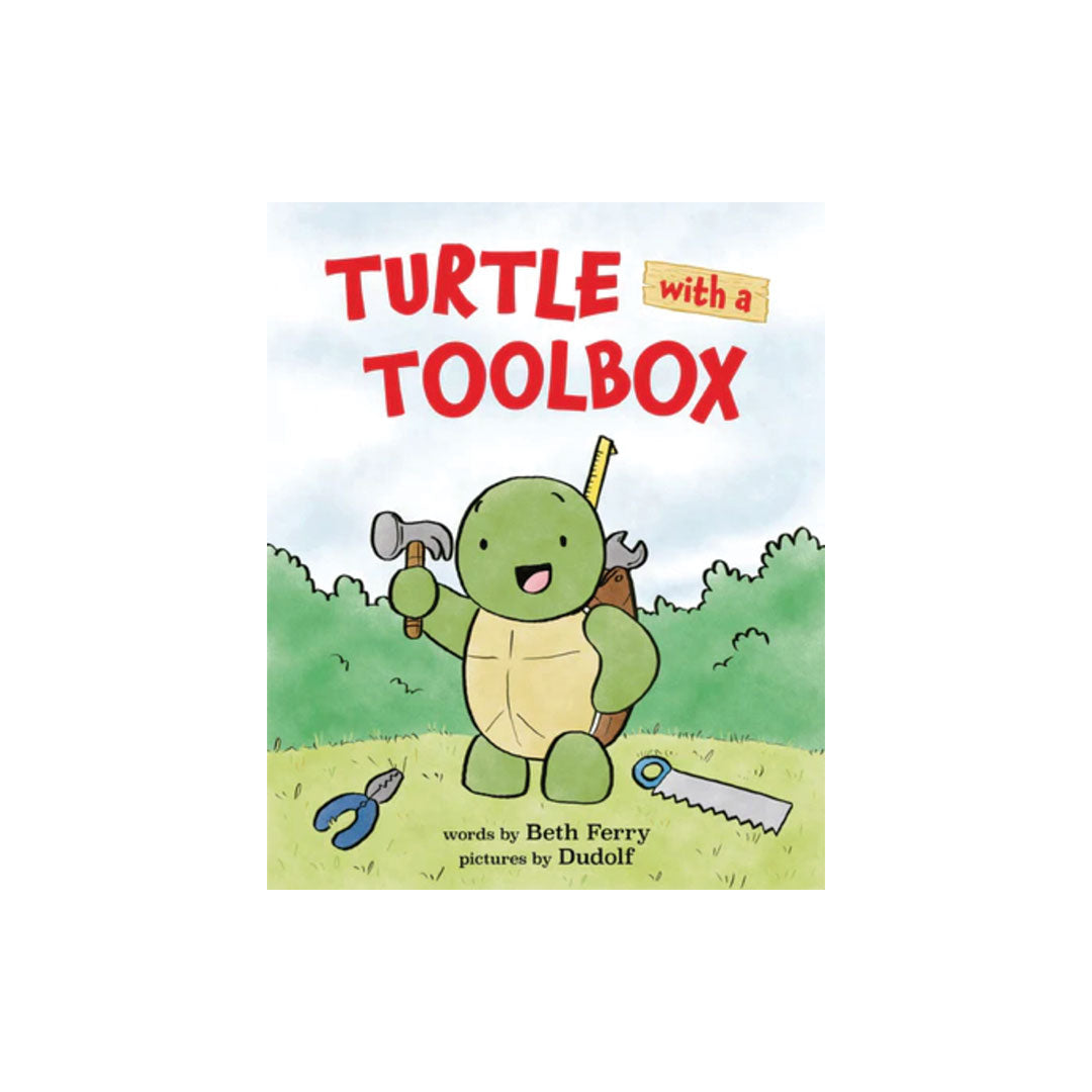 Book cover of 'Turtle with a Toolbox' featuring a cartoon turtle holding tools.