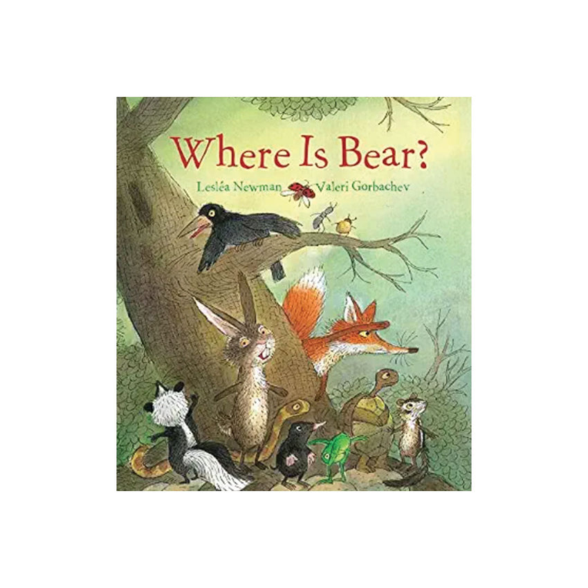 Children's book cover titled "Where Is Bear?" showing a forest scene with illustrated animals around a tree, including a fox, rabbit, bird, turtle, and other woodland creatures.