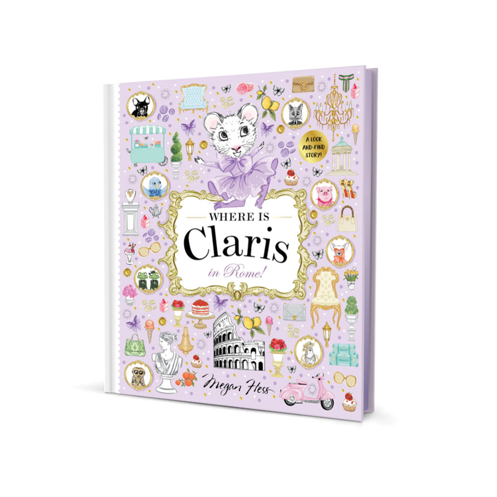 A children's  book titled 'Where Is Claris in Rome!' by Megan Fox, featuring a lavender cover decorated with various whimsical illustrations of a cat and home items.