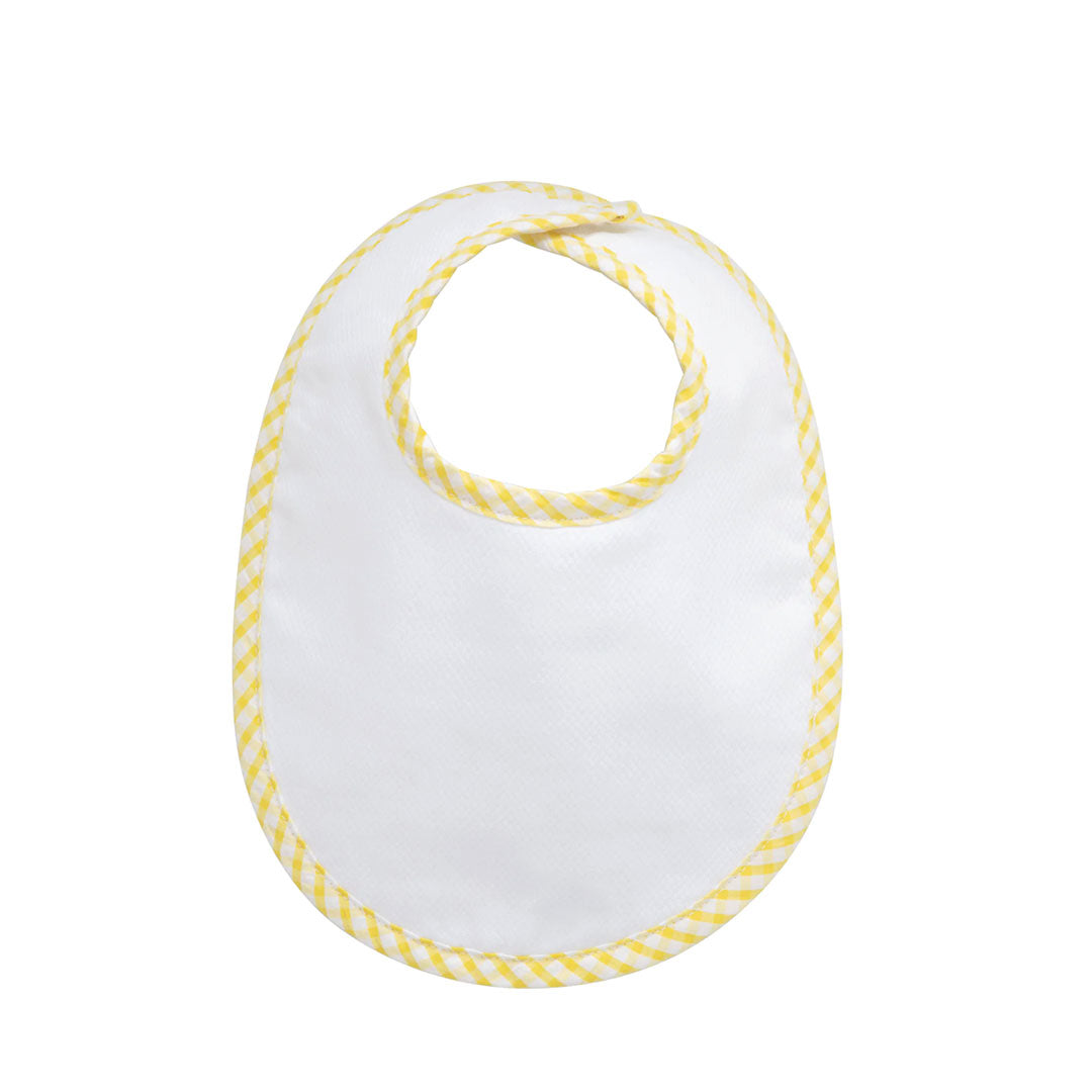 White baby bib with yellow trim on a white background.