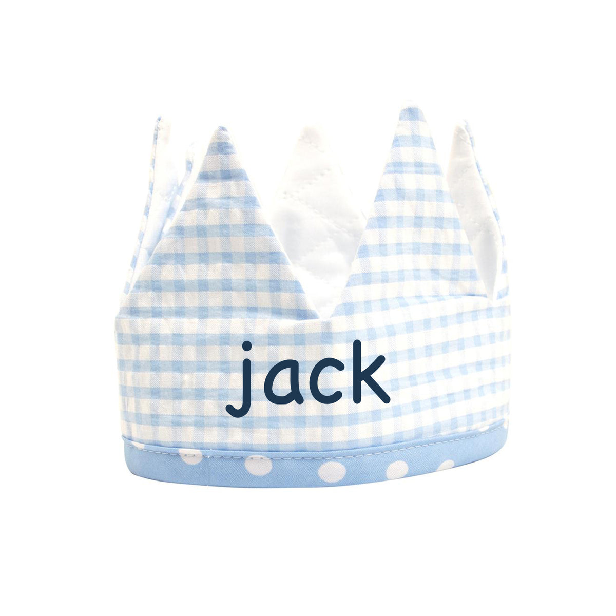 Blue birthday crown with the name jack embroidered on a white background.