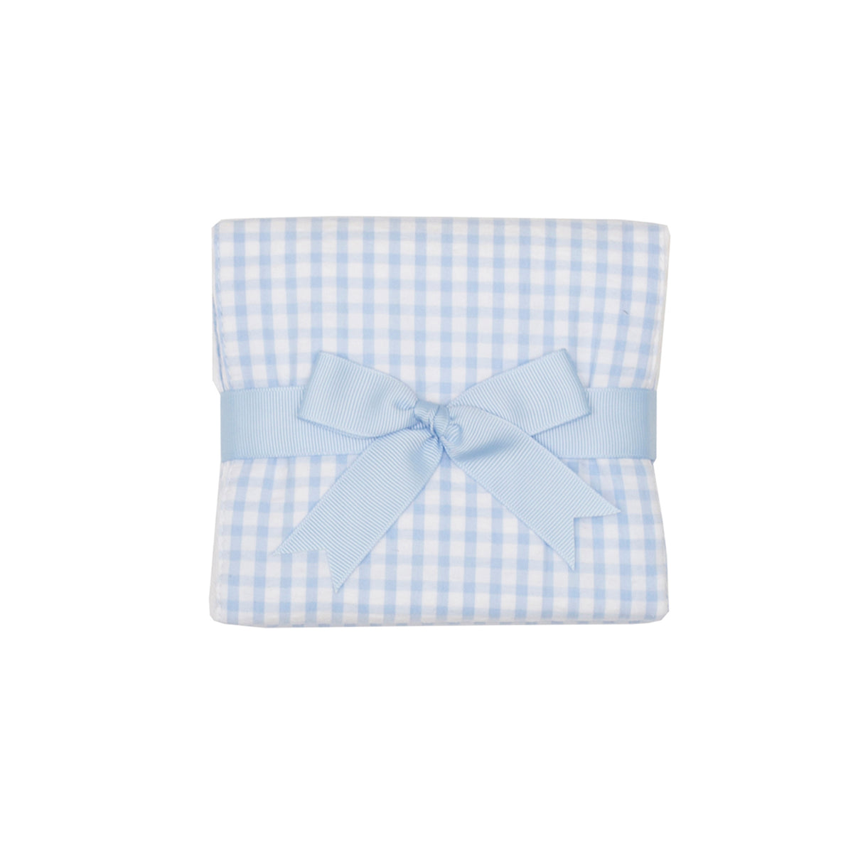 Blue check burp cloth with ribbon on a white background.