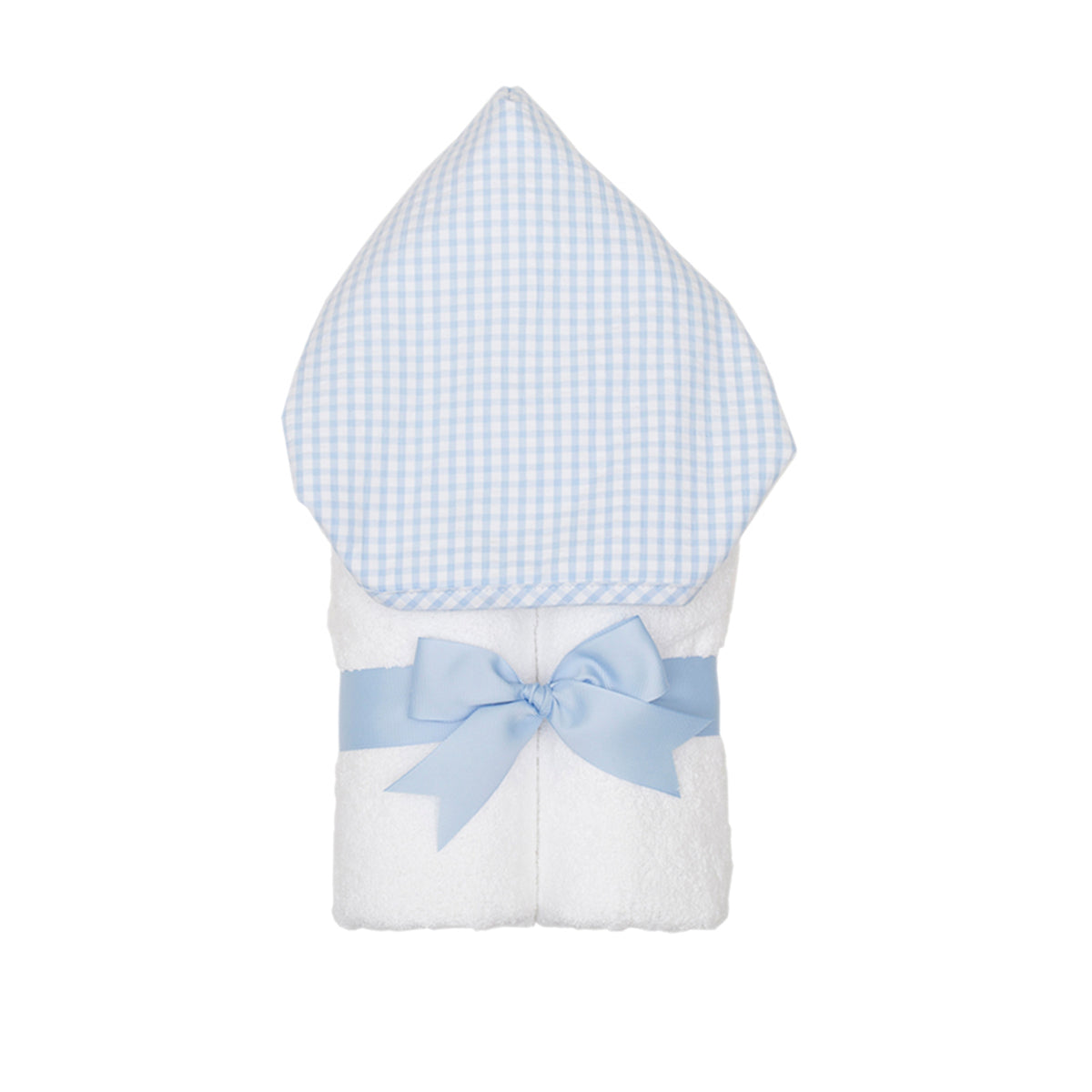 A blue check hooded towel with a terry lined hood, presented rolled and tied with a blue grosgrain ribbon.