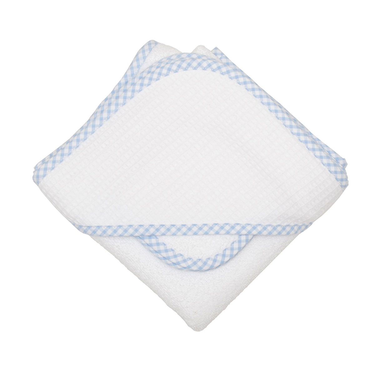 A white hooded towel and wash towel with blue checkered trim on a white background.