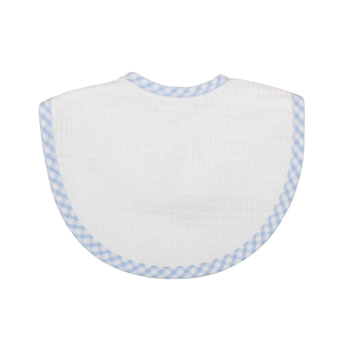 White bib with blue gingham trim on a white background.