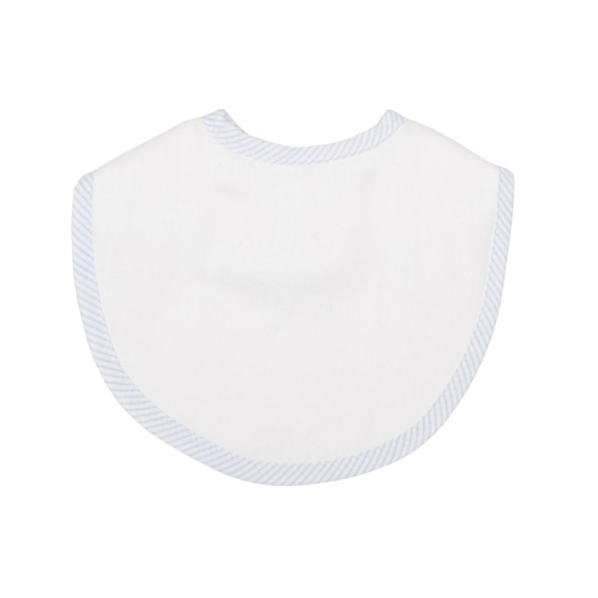 White bib with blue seersucker trim on a white background.