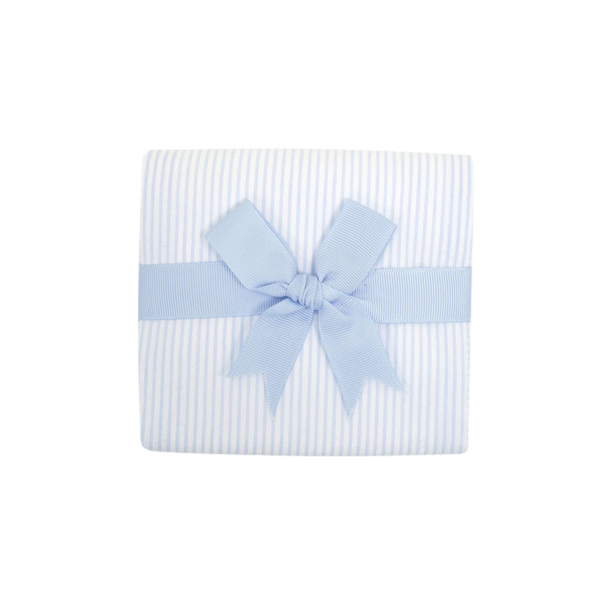 Blue seersucker burp cloth with a blue bow on a white background.